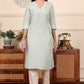 W for Woman Blue Solid Snow Linen Straight Kurta With Thread Work On Neck