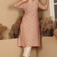 W for Woman Peach Floral Printed Straight Kurta With Lace Highlight