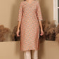 W for Woman Peach Floral Printed Straight Kurta With Lace Highlight