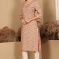 W for Woman Peach Floral Printed Straight Kurta With Lace Highlight