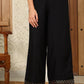 W for Woman Black Solid Rayon Parallel Pants With Embellished Organza Hemline