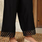 W for Woman Black Solid Rayon Parallel Pants With Embellished Organza Hemline
