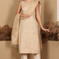 W for Woman Beige Jacquard Sleeveless Embellished Kurta, Pants And Dupatta Set