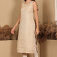 W for Woman Beige Jacquard Sleeveless Embellished Kurta, Pants And Dupatta Set