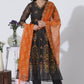 W for Woman Black Floral Printed Flared Kota Kurta, Pants And Dupatta Set