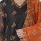 W for Woman Black Floral Printed Flared Kota Kurta, Pants And Dupatta Set