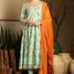 W for Woman Blue Floral Printed Embellished Panelled Chanderi Kurta, Tights And Dupatta Set