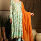 W for Woman Blue Floral Printed Embellished Panelled Chanderi Kurta, Tights And Dupatta Set