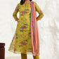 W for Woman Celery Green Floral Printed Sequined Kota Flared Kurta, Slim Pants And Dupatta Set