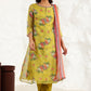 W for Woman Celery Green Floral Printed Sequined Kota Flared Kurta, Slim Pants And Dupatta Set