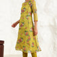 W for Woman Celery Green Floral Printed Sequined Kota Flared Kurta, Slim Pants And Dupatta Set