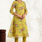 W for Woman Celery Green Floral Printed Sequined Kota Flared Kurta, Slim Pants And Dupatta Set