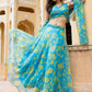 W for Woman Capri Blue Breezy Floral Printed Sequined Sleeveless Crop Top, Flared Skirt Set With Dupatta Set