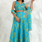 W for Woman Capri Blue Breezy Floral Printed Sequined Sleeveless Crop Top, Flared Skirt Set With Dupatta Set