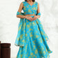 W for Woman Capri Blue Breezy Floral Printed Sequined Sleeveless Crop Top, Flared Skirt Set With Dupatta Set