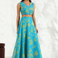 W for Woman Capri Blue Breezy Floral Printed Sequined Sleeveless Crop Top, Flared Skirt Set With Dupatta Set