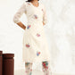 W for Woman Beige Floral Embroidered Chanderi Straight Kurta, Pants And Dupatta Set