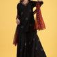 W for Woman Black Printed Metallic Embroidery Straight Kurta & Sharara with Dupatta Set
