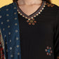 W for Woman Black Printed Metallic Embroidery Straight Kurta & Sharara with Dupatta Set