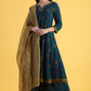 W for Woman Blue Printed Sequins Flared Kurta & Flared Pants with Dupatta Set