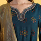 W for Woman Blue Printed Sequins Flared Kurta & Flared Pants with Dupatta Set