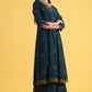 W for Woman Blue Printed Sequins Flared Kurta & Flared Pants with Dupatta Set