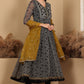 W for Woman Black Printed Chiffon Kurta with Embroidery, Churidar and Dupatta Set