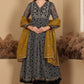 W for Woman Black Printed Chiffon Kurta with Embroidery, Churidar and Dupatta Set
