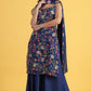 W for Woman Blue Printed Metallic Embroidery Straight Kurta & Sharara with Dupatta Set