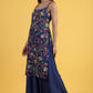 W for Woman Blue Printed Metallic Embroidery Straight Kurta & Sharara with Dupatta Set