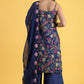 W for Woman Blue Printed Metallic Embroidery Straight Kurta & Sharara with Dupatta Set