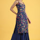 W for Woman Blue Printed Metallic Embroidery Straight Kurta & Sharara with Dupatta Set
