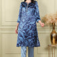 W for Woman Blue Floral Printed With Thread Work Japenese Satin Kurta And Pants Set