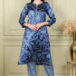 W for Woman Blue Floral Printed With Thread Work Japenese Satin Kurta And Pants Set