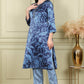 W for Woman Blue Floral Printed With Thread Work Japenese Satin Kurta And Pants Set