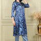 W for Woman Blue Floral Printed With Thread Work Japenese Satin Kurta And Pants Set