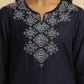 W for Woman Blue Solid Thread Work Rayon Flax Straight Kurta and Slim Pant Set