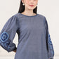 W for Woman Blue Solid Pure Cotton Chambray Embroidered Top