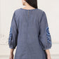 W for Woman Blue Solid Pure Cotton Chambray Embroidered Top