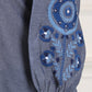 W for Woman Blue Solid Pure Cotton Chambray Embroidered Top