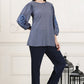 W for Woman Blue Solid Pure Cotton Chambray Embroidered Top