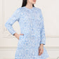 W for Woman Blue Floral Printed Mandarin Collar Pure Cotton Tunic