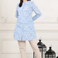 W for Woman Blue Floral Printed Mandarin Collar Pure Cotton Tunic