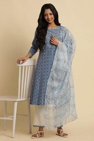 W for Woman White Kota Dupatta with Blue Floral Print