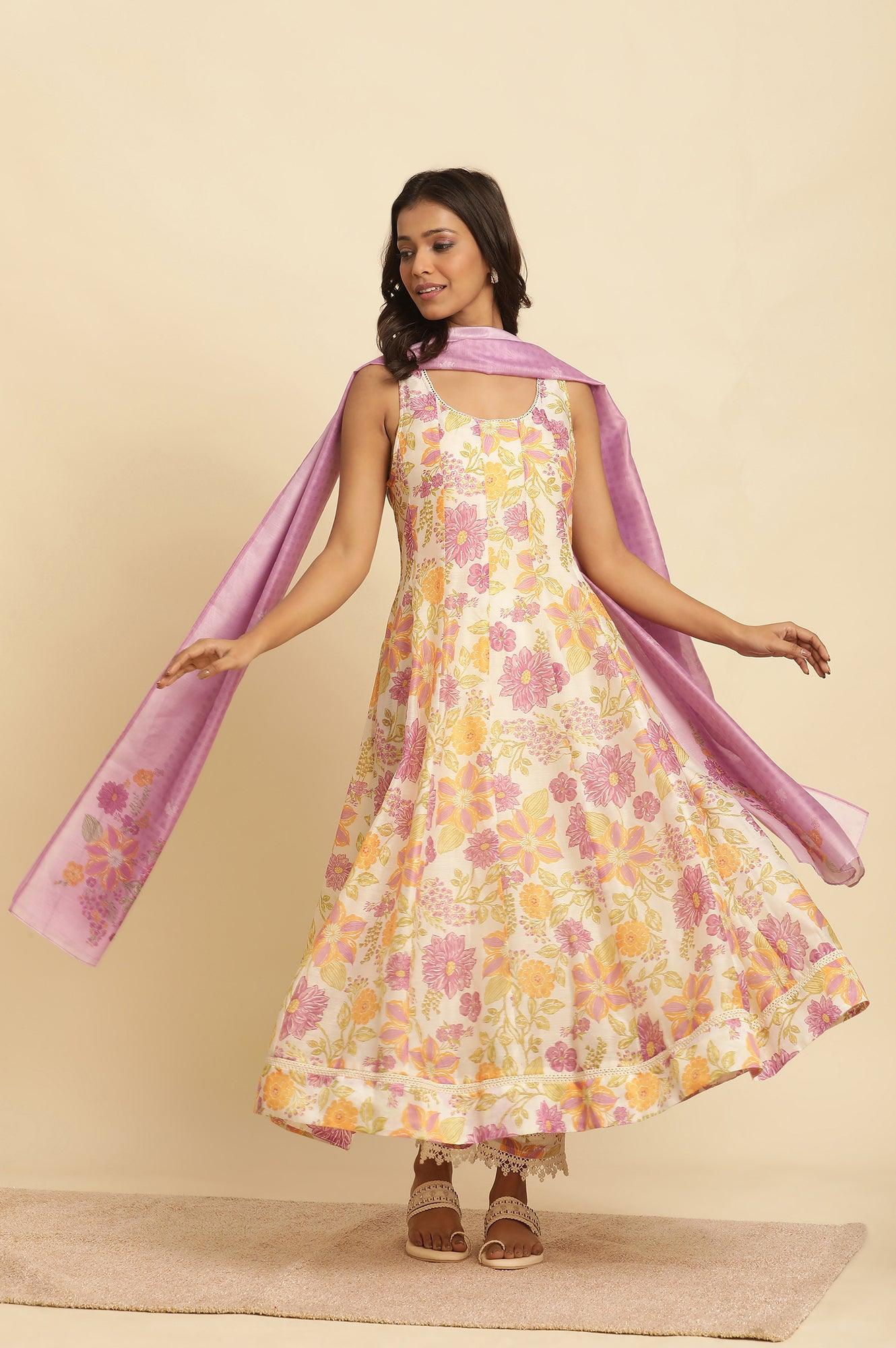 W for Woman White Sleeveless Printed Flared Kurta, Pants And Dupatta Set