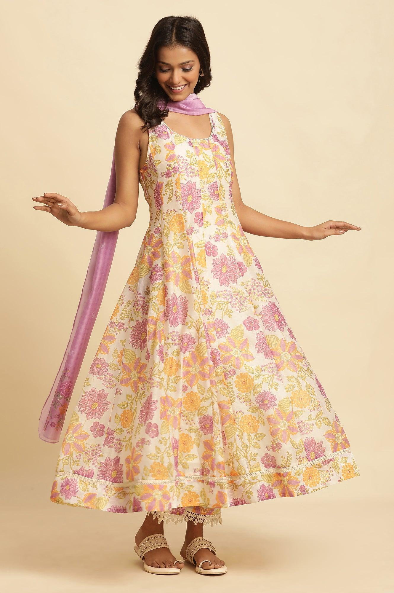 W for Woman White Sleeveless Printed Flared Kurta, Pants And Dupatta Set