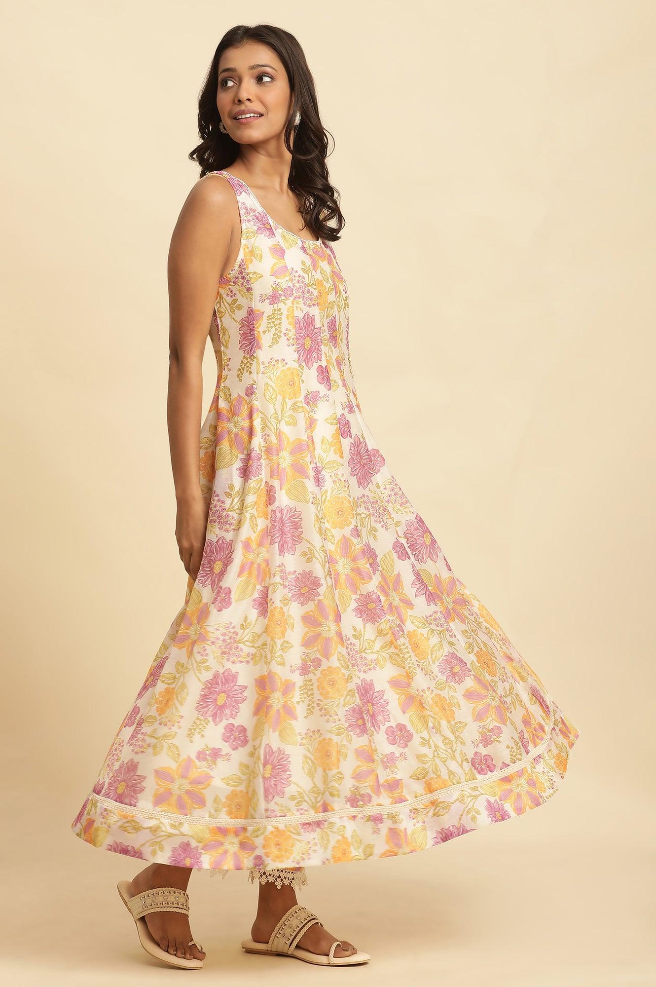 W for Woman White Sleeveless Printed Flared Kurta, Pants And Dupatta Set