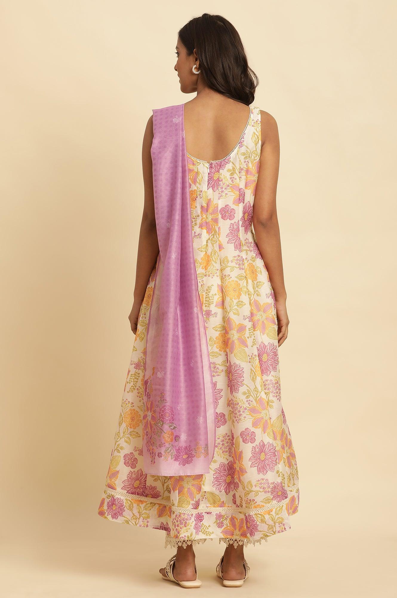 W for Woman White Sleeveless Printed Flared Kurta, Pants And Dupatta Set