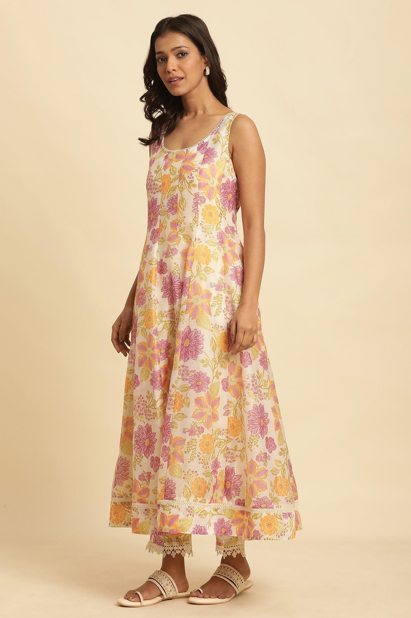W for Woman White Sleeveless Printed Flared Kurta, Pants And Dupatta Set