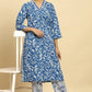 W for Woman Blue Leaf Printed Straight Kurta And Pants Set